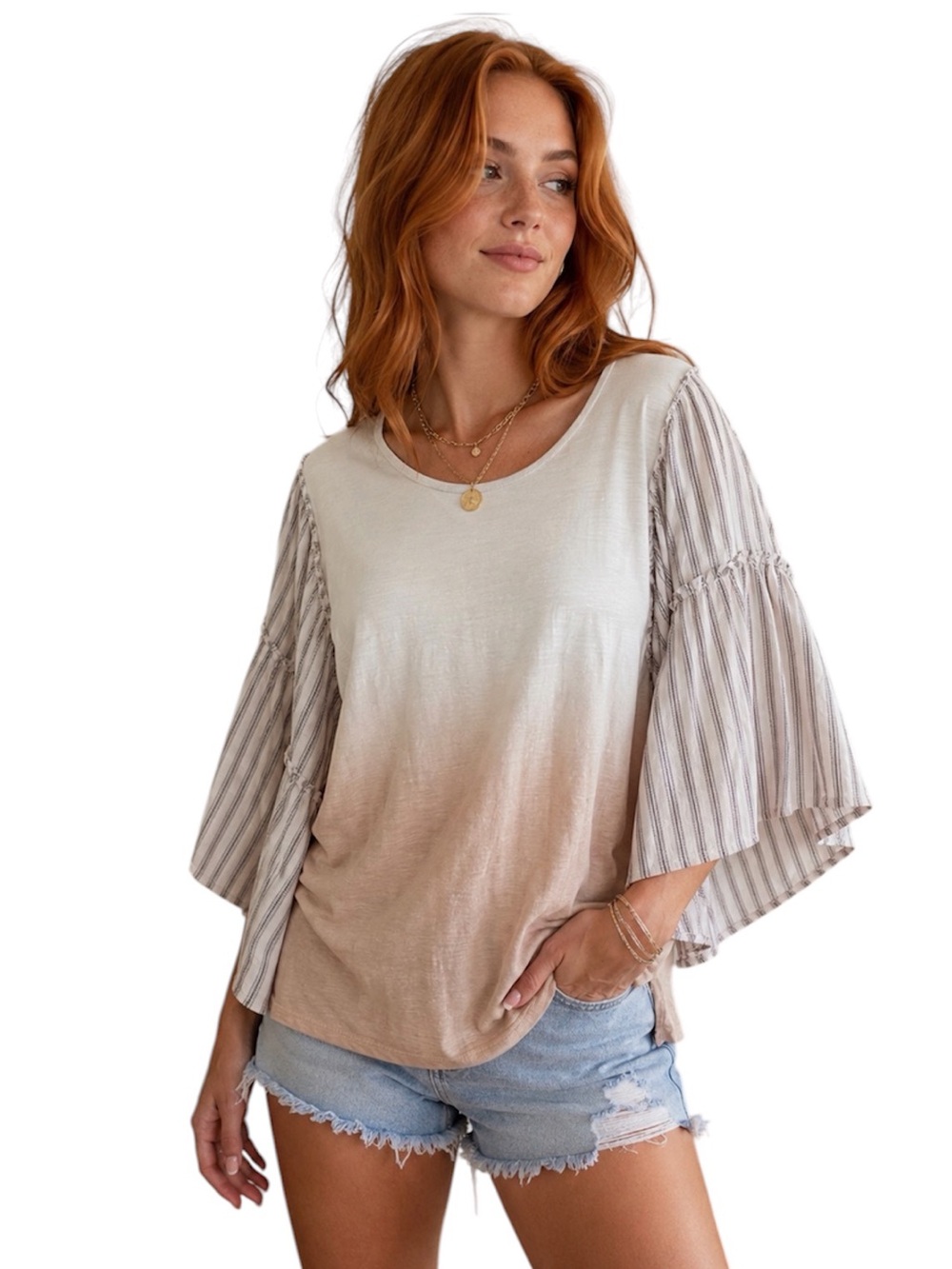 Mystree Boho Ombré Striped Bell Sleeve Top